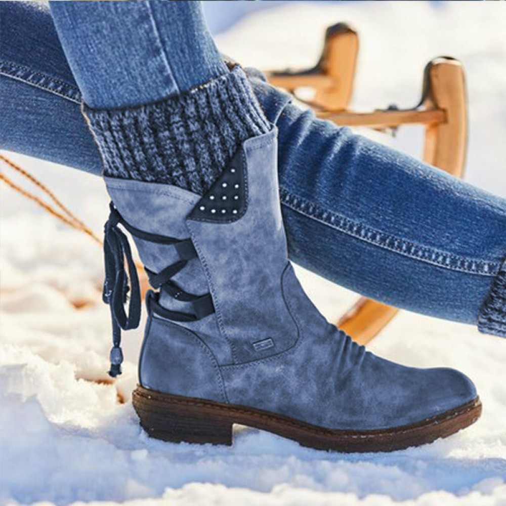 女士加大码中筒雪地靴——PU材质、系带式、防滑