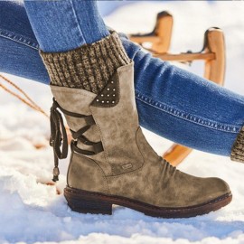 女士加大码中筒雪地靴——PU材质、系带式、防滑
