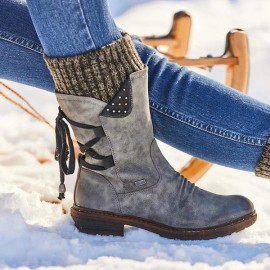 女士加大码中筒雪地靴——PU材质、系带式、防滑