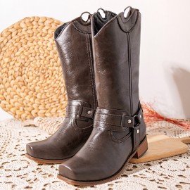 女士复古方头中筒靴 - 聚氨酯材质,一脚蹬套筒设计,防滑橡胶底