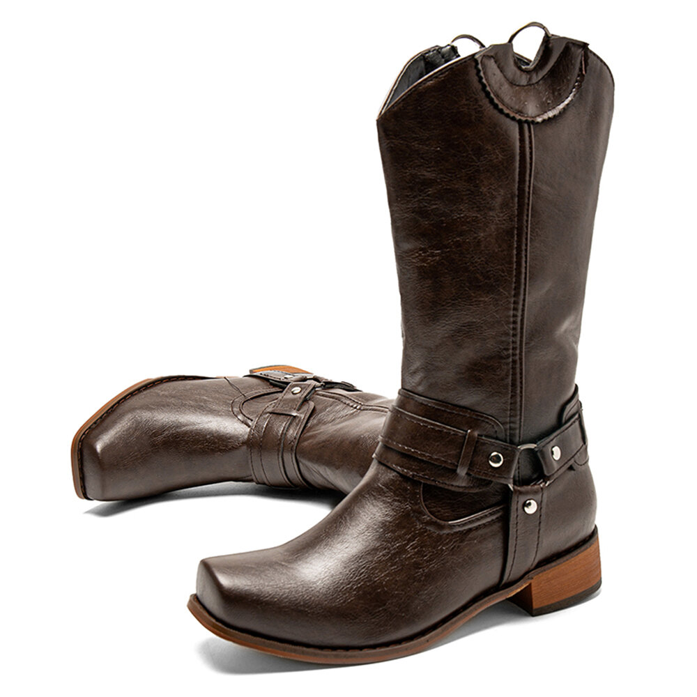 女士复古方头中筒靴 - 聚氨酯材质,一脚蹬套筒设计,防滑橡胶底