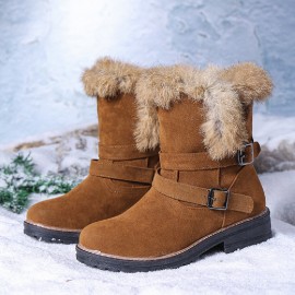 女士绒面革雪地靴——搭扣设计、毛绒饰边、防滑底