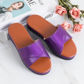 女士PU坡跟一字带凉鞋——紫色、黑色、灰色、粉色