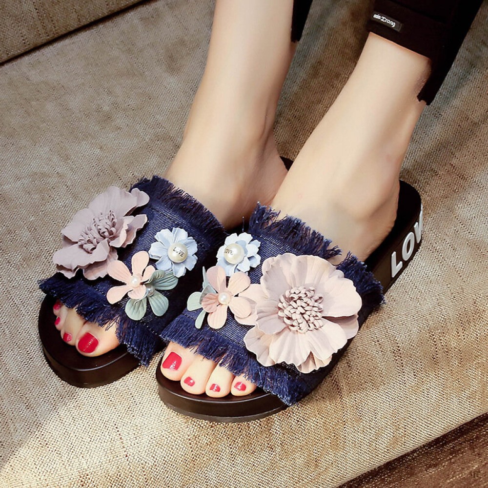 女士花卉牛仔平底凉鞋
