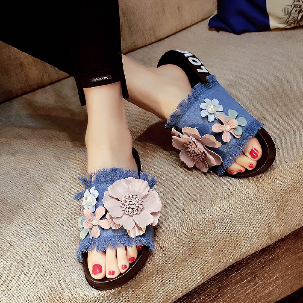 女士花卉牛仔平底凉鞋