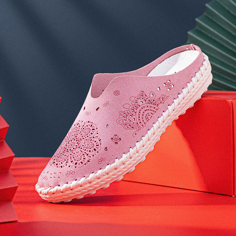 女士休闲镂空露跟拖鞋(仿麂皮+花朵装饰)