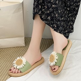 女士雏菊印花PU海滩人字拖——一脚蹬