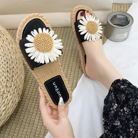 女士雏菊印花PU海滩人字拖——一脚蹬