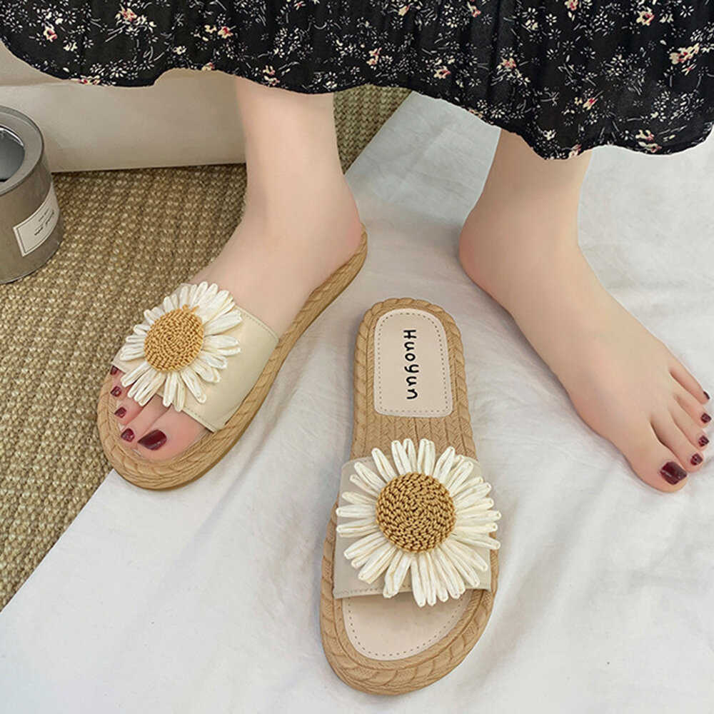女士雏菊印花PU海滩人字拖——一脚蹬