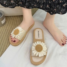 女士雏菊印花PU海滩人字拖——一脚蹬