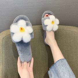 女士毛绒棉质冬季拖鞋——防滑款，带花卉装饰