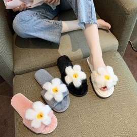 女士毛绒棉质冬季拖鞋——防滑款，带花卉装饰