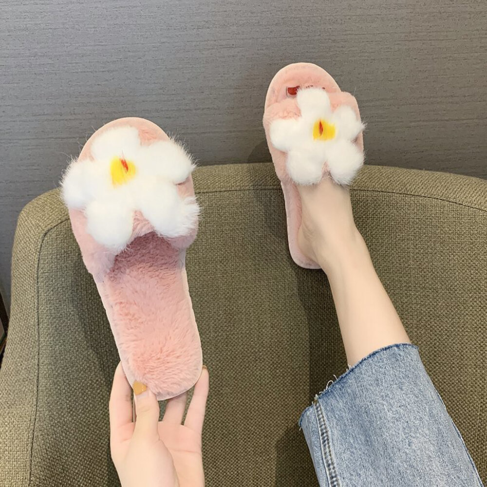女士毛绒棉质冬季拖鞋——防滑款，带花卉装饰