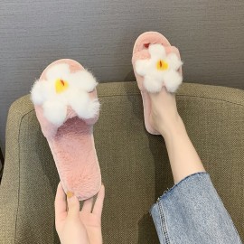 女士毛绒棉质冬季拖鞋——防滑款，带花卉装饰