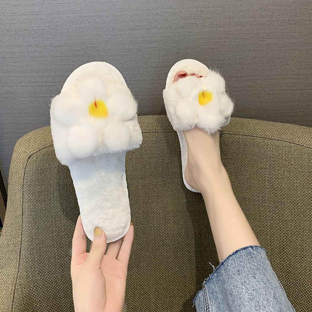 女士毛绒棉质冬季拖鞋——防滑款，带花卉装饰