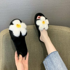 女士毛绒棉质冬季拖鞋——防滑款，带花卉装饰