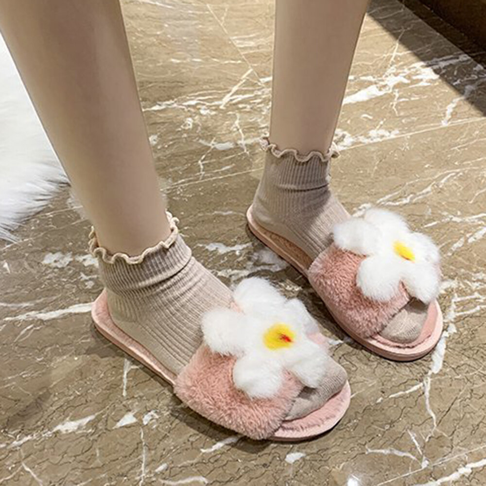 女士毛绒棉质冬季拖鞋——防滑款，带花卉装饰