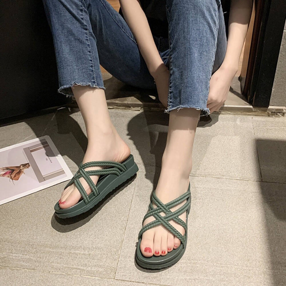 女士纯色交叉带一字拖凉鞋——EVA与橡胶材质