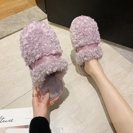 女士加绒防滑冬季拖鞋 - 翻毛皮