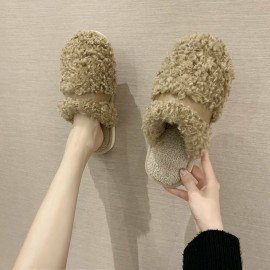女士加绒防滑冬季拖鞋 - 翻毛皮