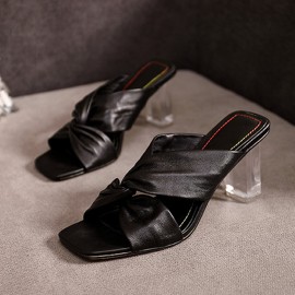 女士PU方跟拖鞋 - 金色、银色、黑色、白色