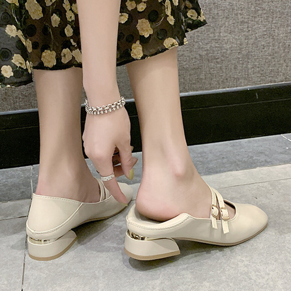 女士纯色方跟一脚蹬乐福鞋