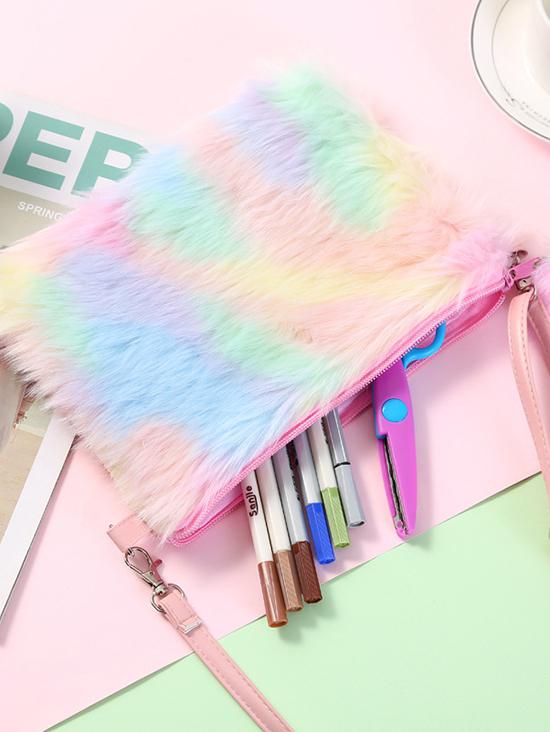 Women's Y2K Fashion Winter Colorful Rainbow Fluffy Faux Fur Pompon Pendant Design Mini Shoulder Bag
