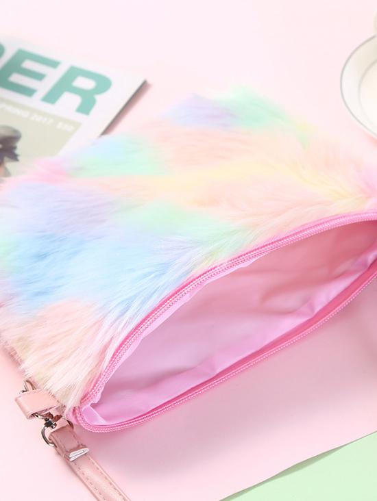 Women's Y2K Fashion Winter Colorful Rainbow Fluffy Faux Fur Pompon Pendant Design Mini Shoulder Bag