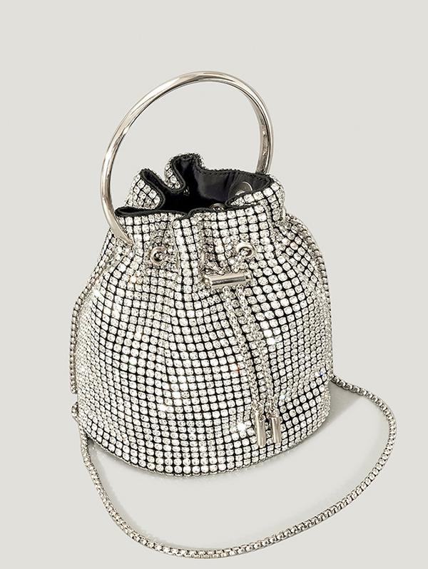 Women's Party Evening Bling Bling Rhinestone Toggle Drawstring Crossbody Bucket Bag