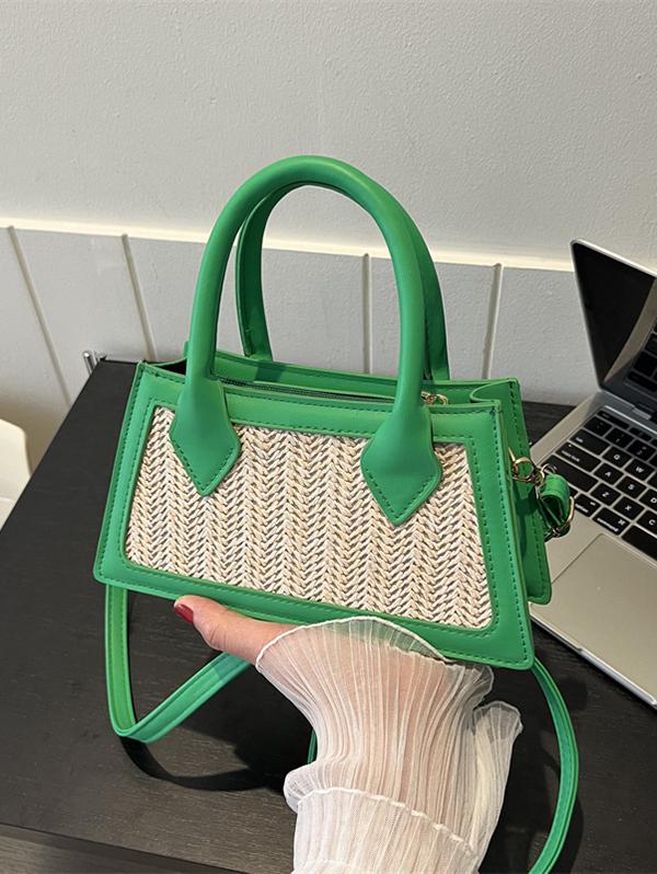 Beach Vacation Straw Panel Tote Crossbody Shoulder Bag