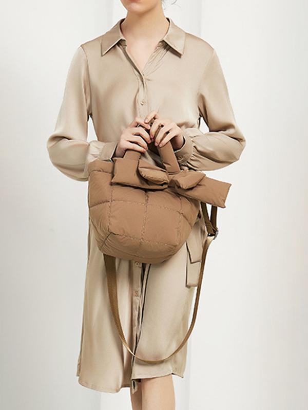 Women's Retro Winter Solid Color Puffer Quilted Bowknot Design Shoulder Bag