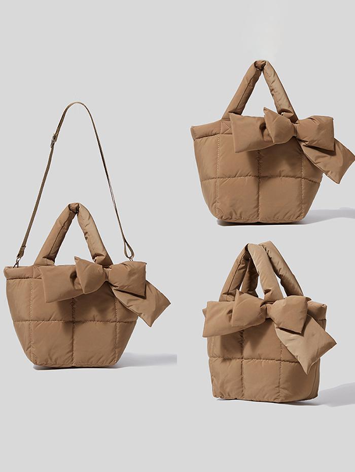 Women's Retro Winter Solid Color Puffer Quilted Bowknot Design Shoulder Bag