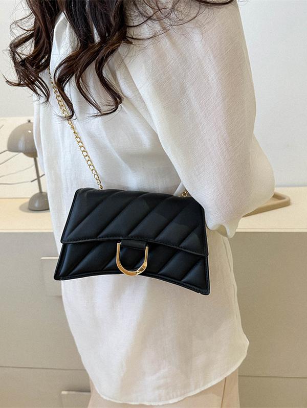 Women's Daily Topstitching Design Metal Chain Flap Shoulder Bag