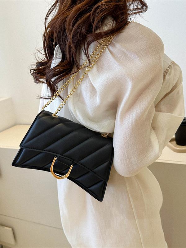Women's Daily Topstitching Design Metal Chain Flap Shoulder Bag