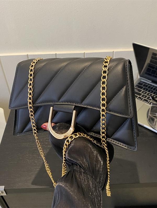 Women's Daily Topstitching Design Metal Chain Flap Shoulder Bag