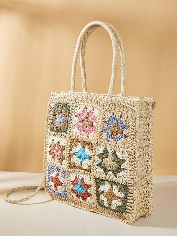 Granny Floral Crochet Raffia Crossbody Bag