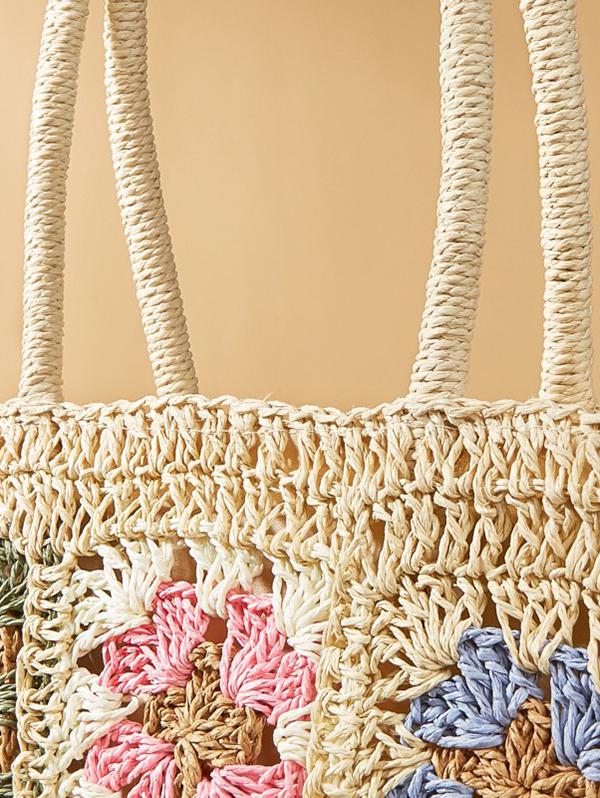 Granny Floral Crochet Raffia Crossbody Bag