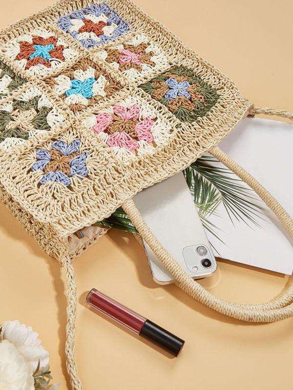 Granny Floral Crochet Raffia Crossbody Bag