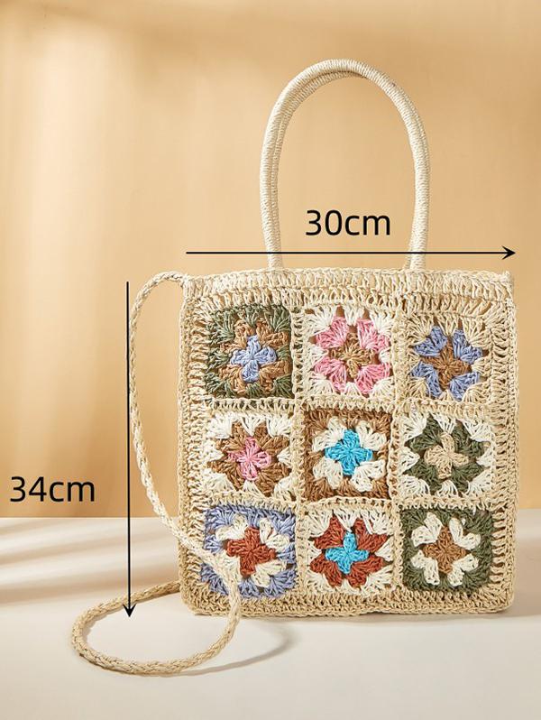 Granny Floral Crochet Raffia Crossbody Bag