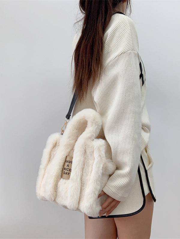 Women's Daily Y2K Letter Patched Design Fluffy Fuzzy Furry Textured Faux Fur Crossbody Shoulder Bag