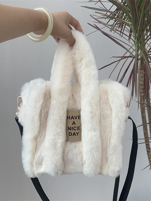 Women's Daily Y2K Letter Patched Design Fluffy Fuzzy Furry Textured Faux Fur Crossbody Shoulder Bag