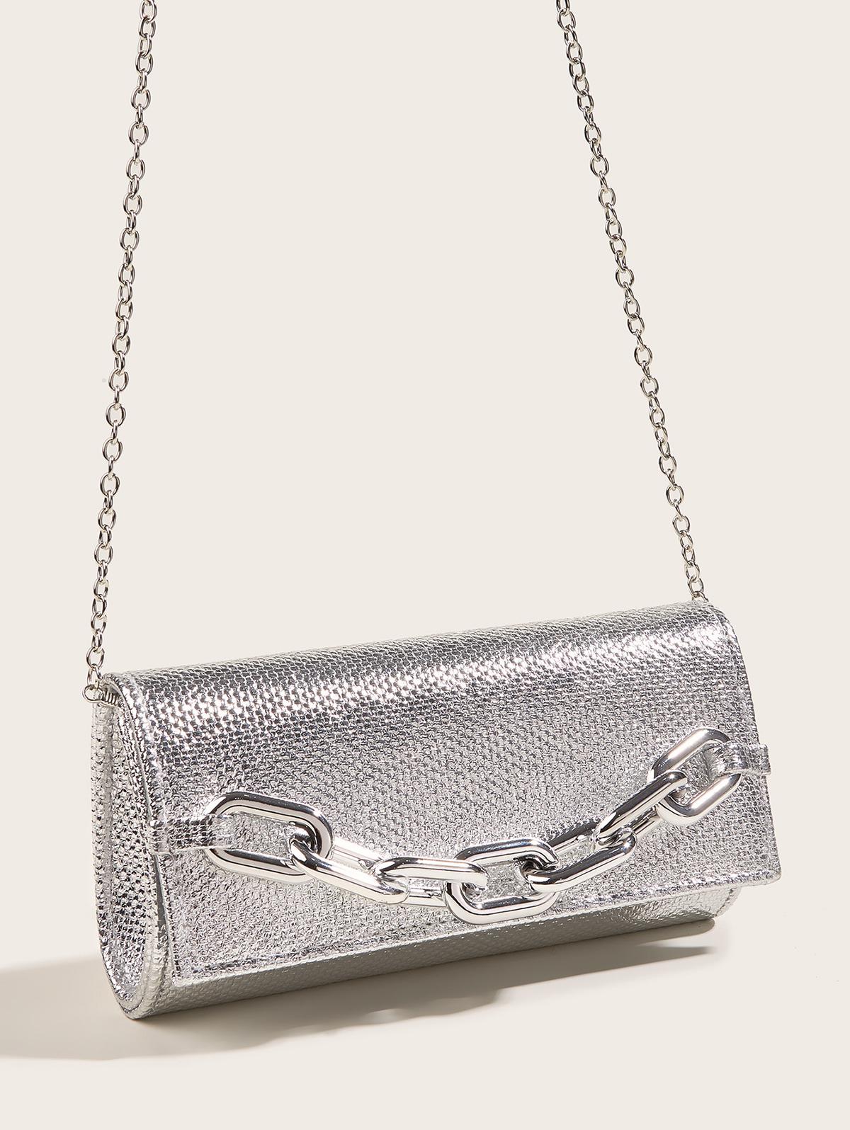 Women's Metal Chain Decor Metallic Evening Party Clutch Bag