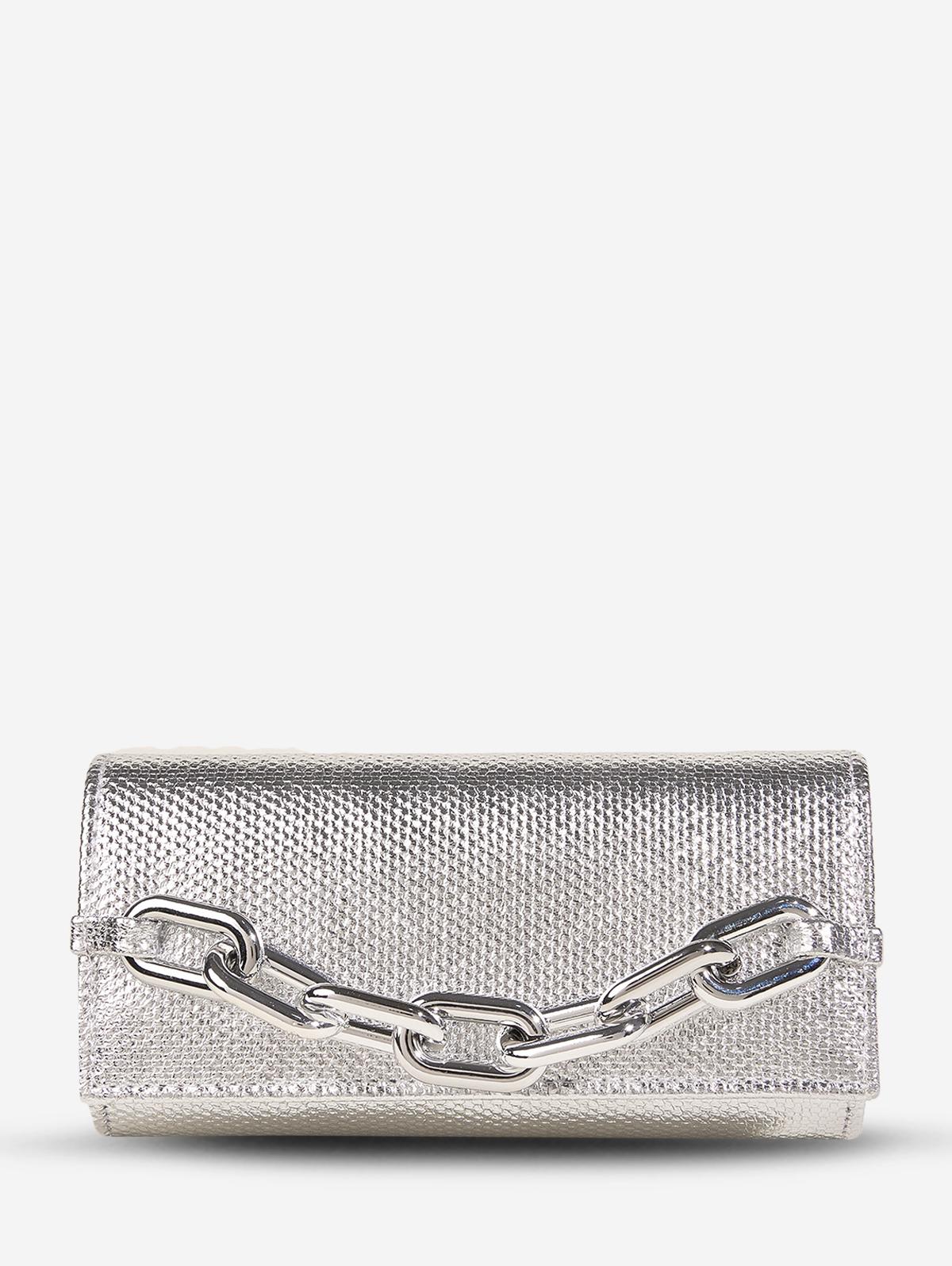 Women's Metal Chain Decor Metallic Evening Party Clutch Bag