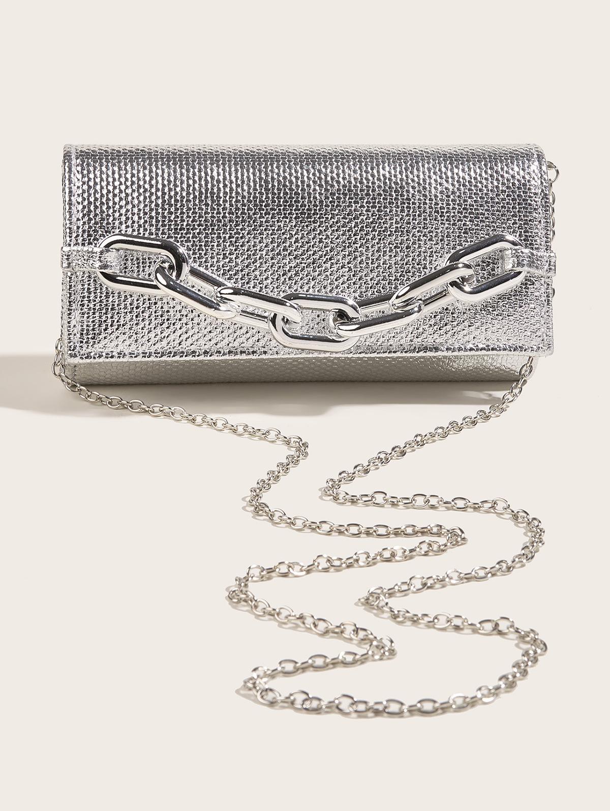 Women's Metal Chain Decor Metallic Evening Party Clutch Bag