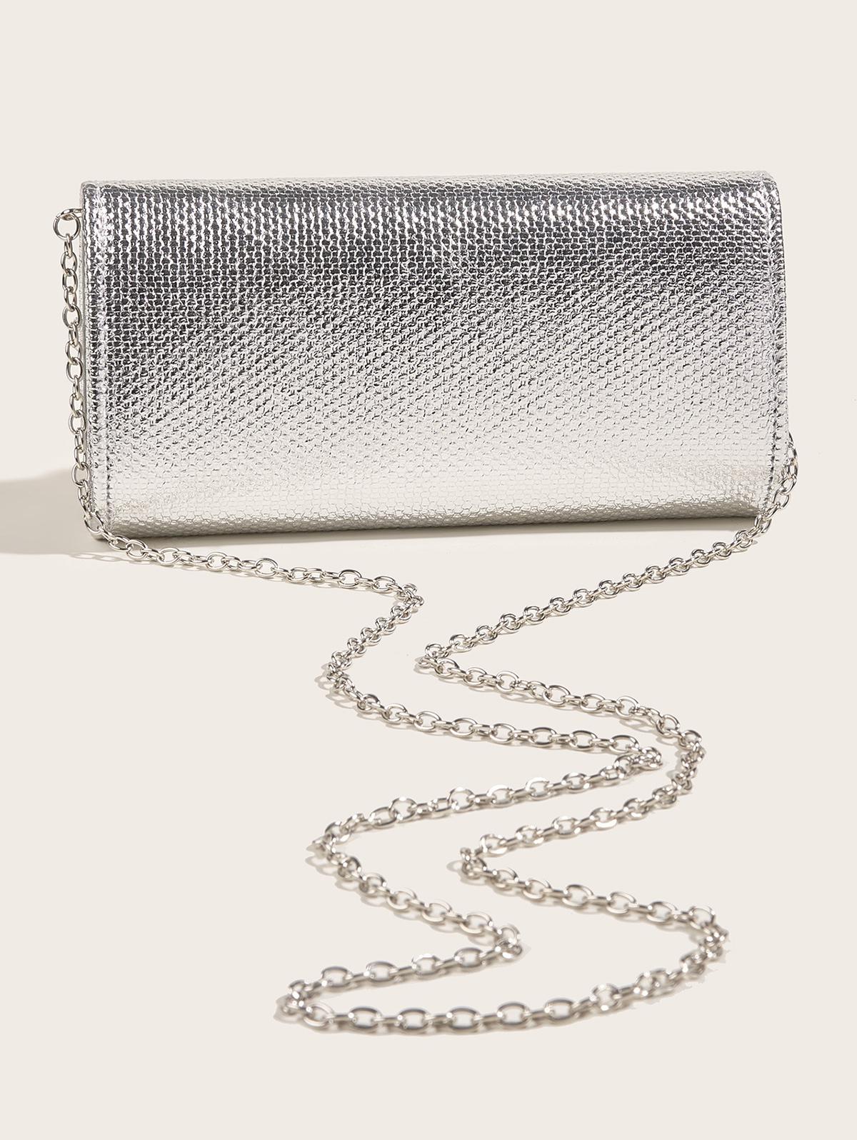 Women's Metal Chain Decor Metallic Evening Party Clutch Bag