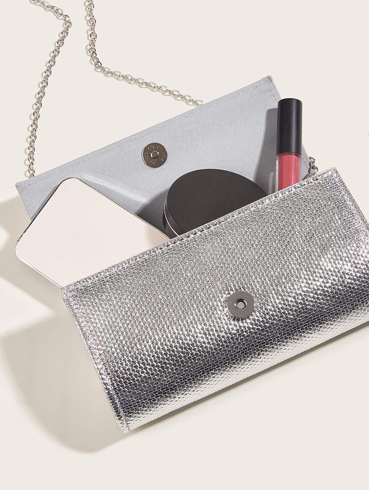 Women's Metal Chain Decor Metallic Evening Party Clutch Bag