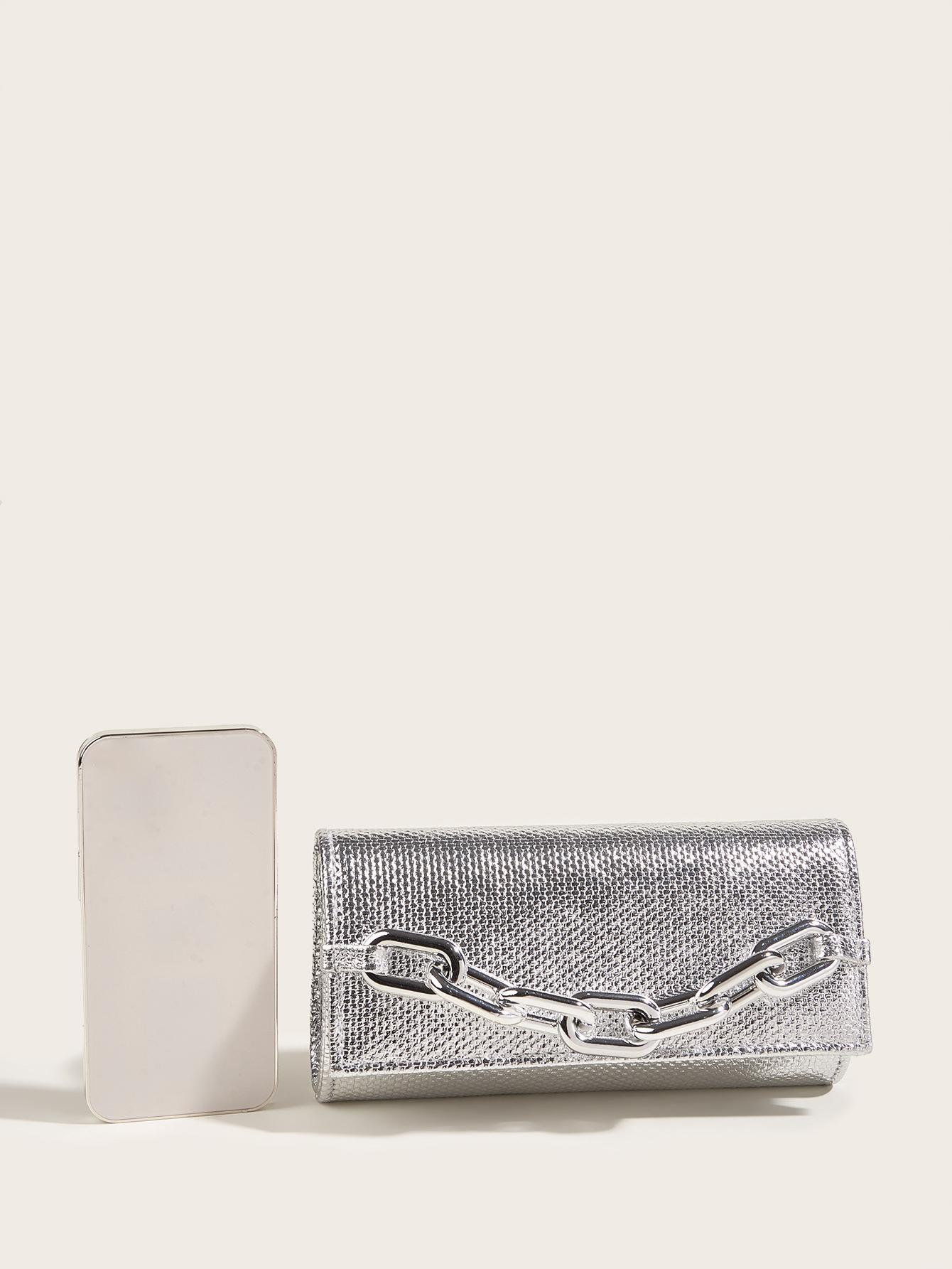 Women's Metal Chain Decor Metallic Evening Party Clutch Bag