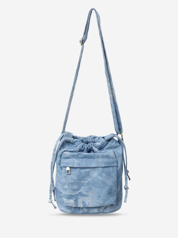 Women's Fashion Daily Zippered Pocket Mobile Phone Drawstring Crossbody Denim Bucket Bag