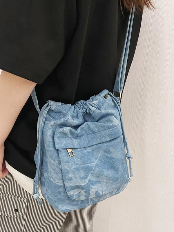 Women's Fashion Daily Zippered Pocket Mobile Phone Drawstring Crossbody Denim Bucket Bag