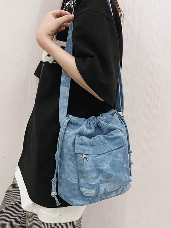 Women's Fashion Daily Zippered Pocket Mobile Phone Drawstring Crossbody Denim Bucket Bag